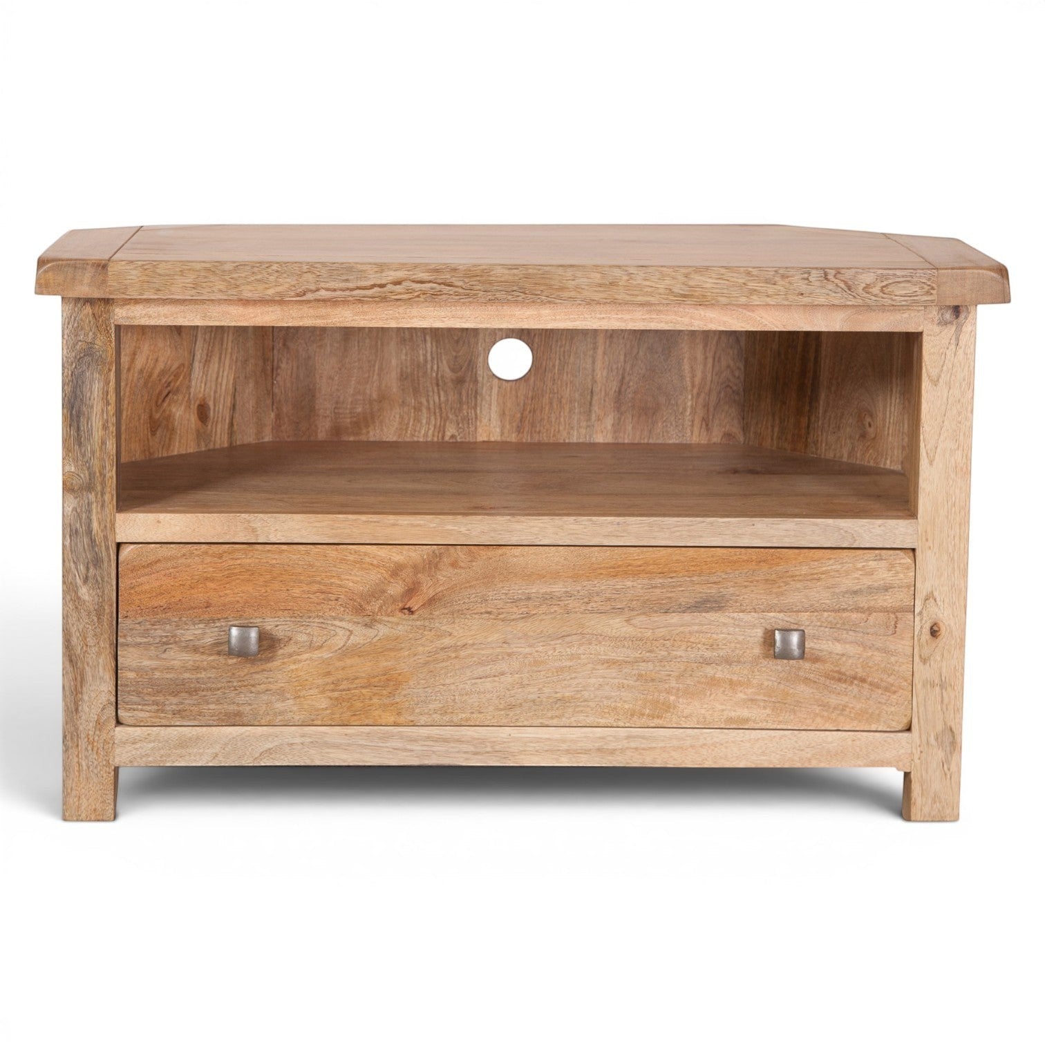 Pieces For Places Olda natural mango wood corner TV unit with open shelf and one drawer with steel knobs.