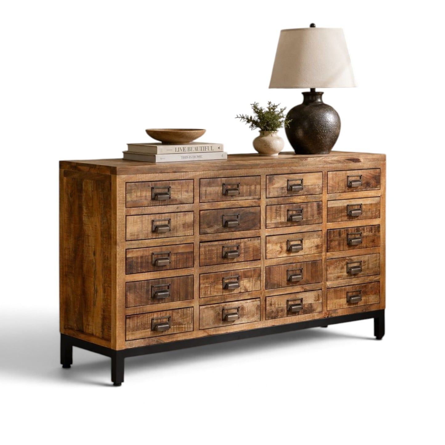 Pieces For Places industrial sideboard in solid mango wood with 20 drawers and black metal frame in a living room