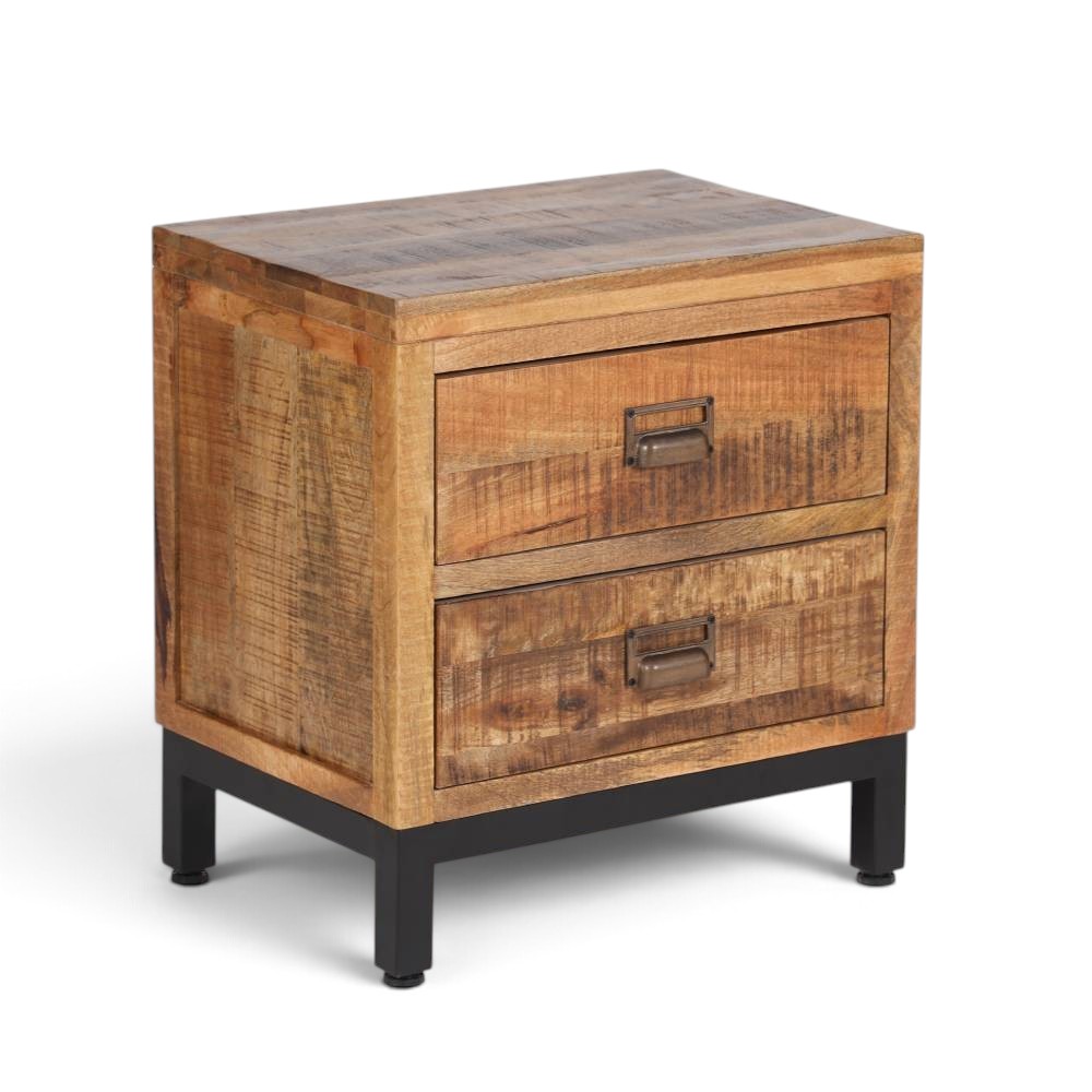 Pieces For Places industrial mango wood side table with two drawers, metal cup handles, and a black metal base.
