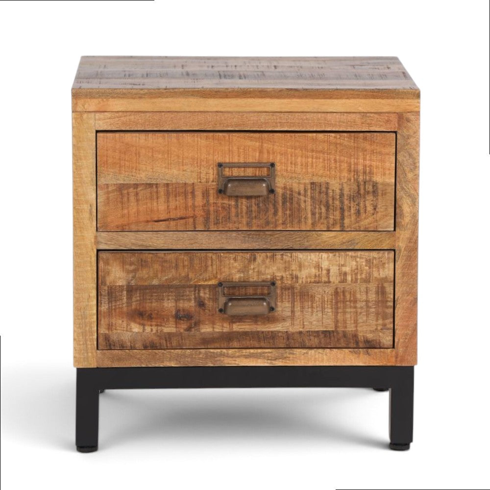 Pieces For Places industrial side table in solid mango wood with two drawers and black metal base