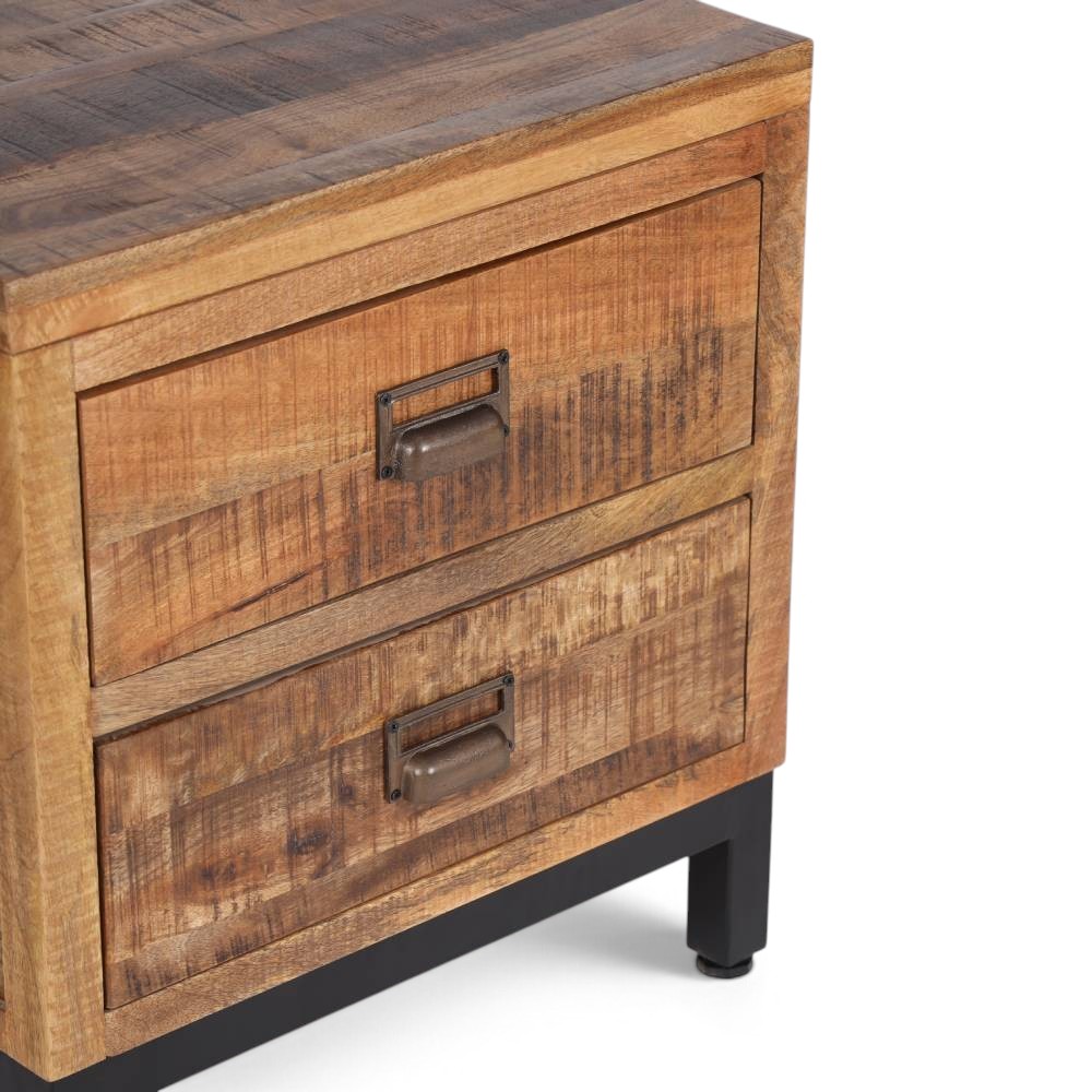 Pieces For Places industrial side table in solid mango wood with two drawers and black metal base