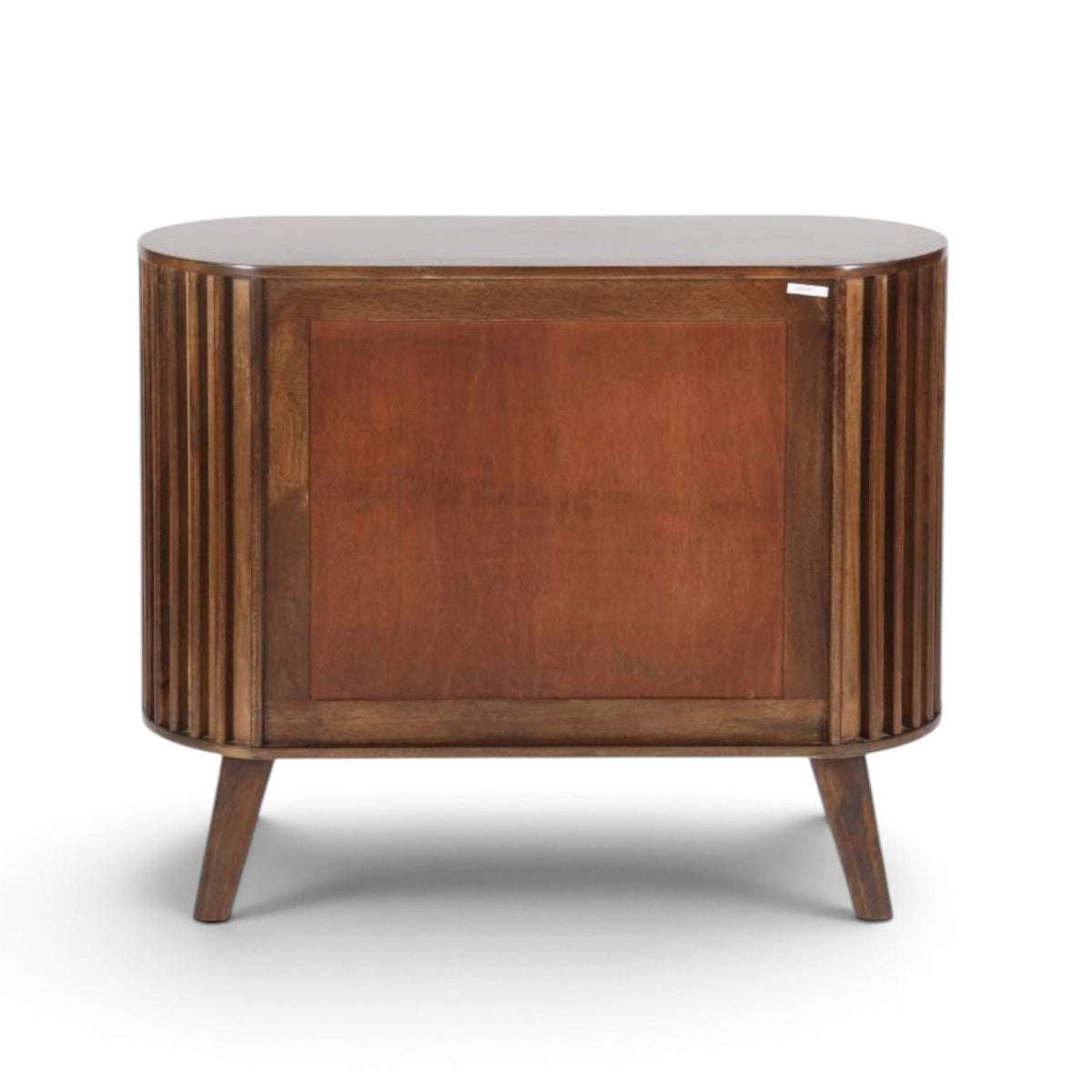 Pieces For Places Mason dark mango wood sideboard with fluted slatted sides and curved ends, back view.