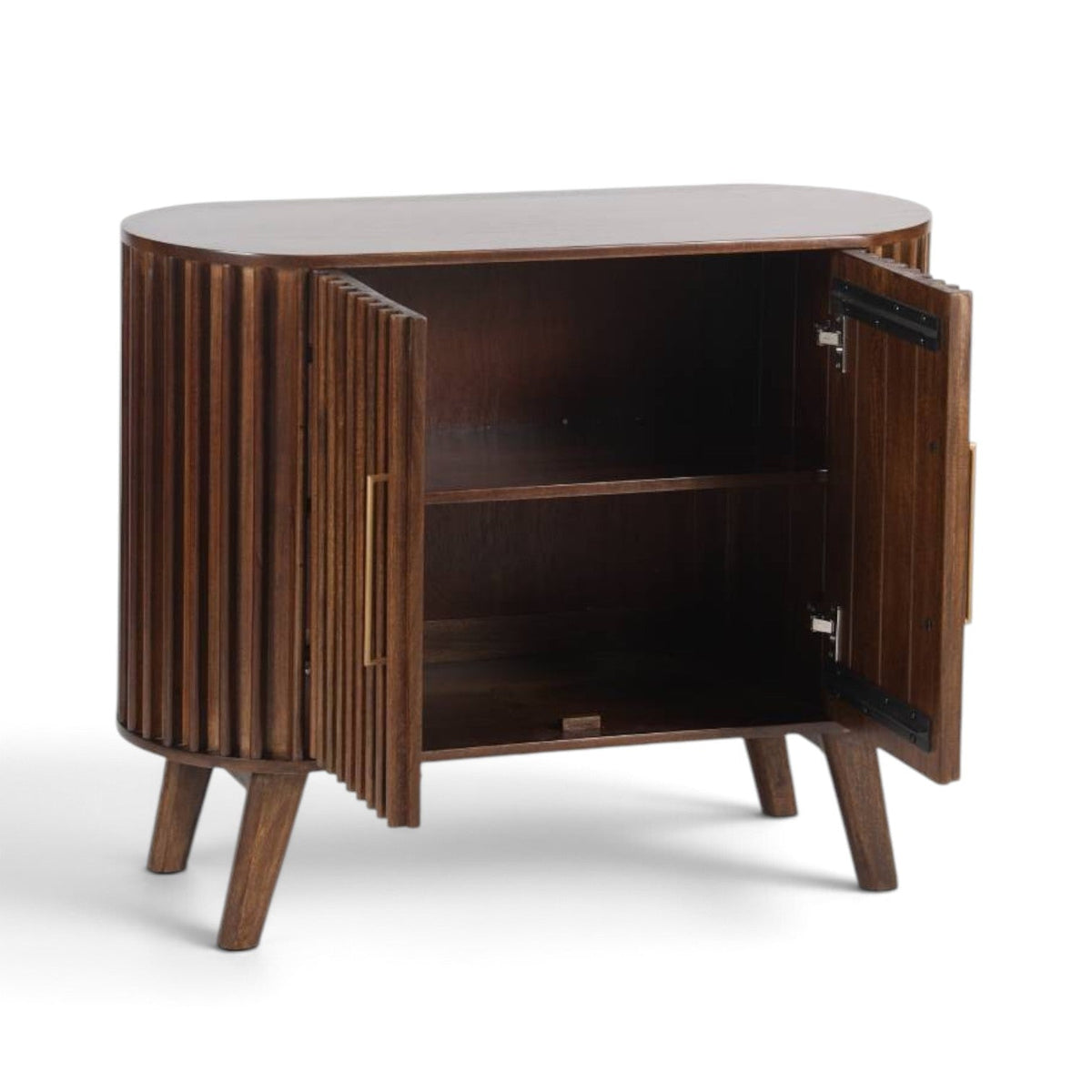 Pieces For Places Mason dark mango wood sideboard with fluted slatted doors and curved ends, open cabinet view.