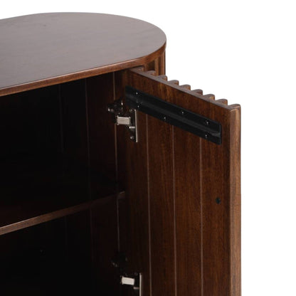 Pieces For Places Mason dark mango wood sideboard with open door showing internal shelving and fluted slatted detail