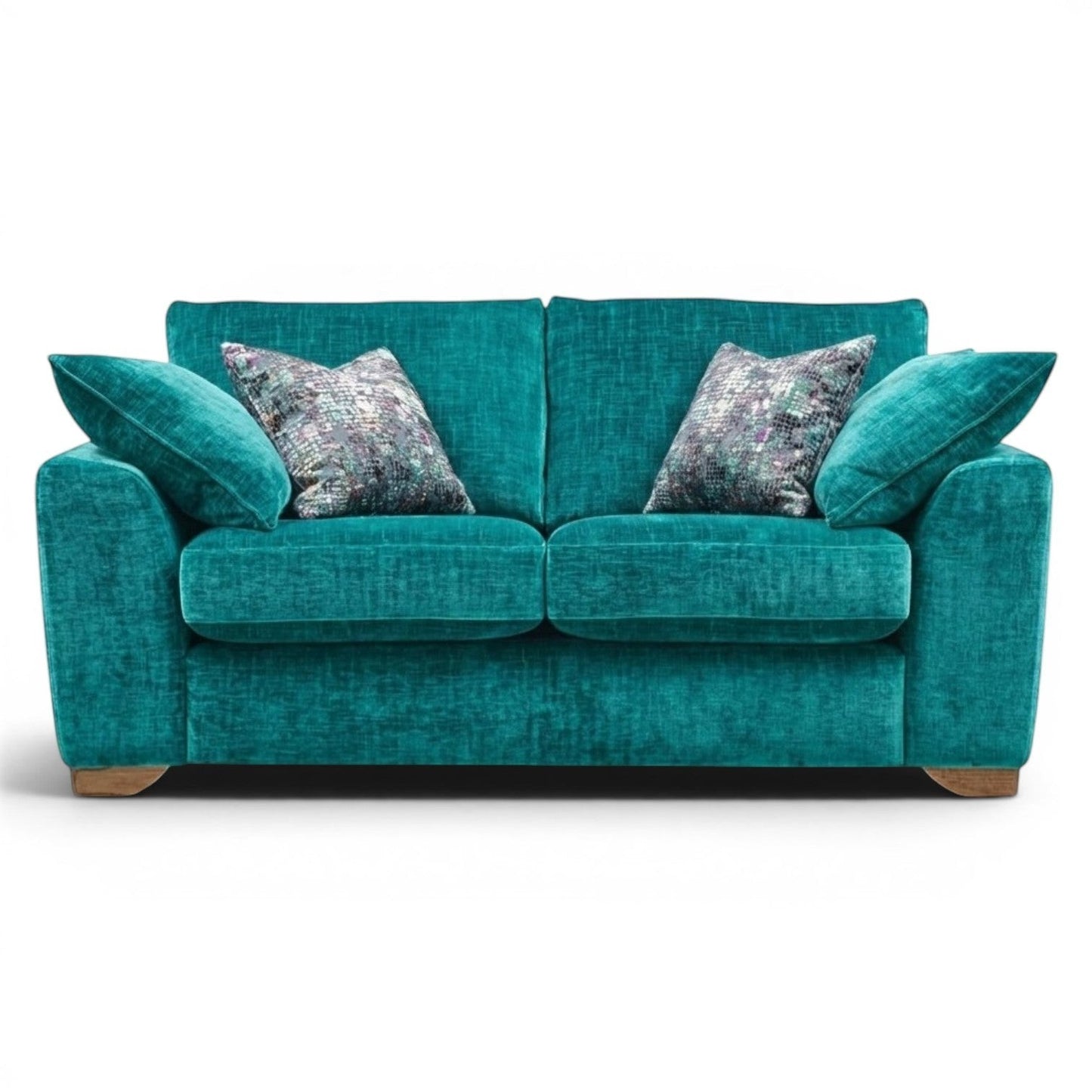 Pieces For Places teal velvet 2 seater sofa with plush seat and back cushions and patterned scatter cushions.