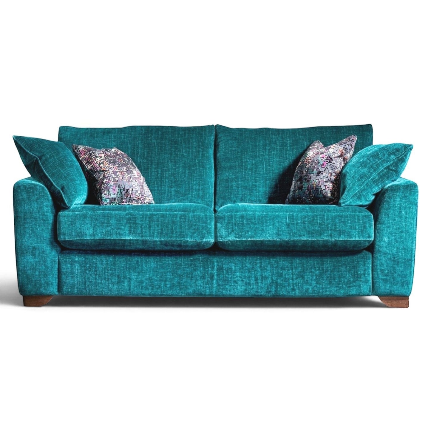 Pieces For Places Milo 2.5 Seater Sofa in teal textured fabric with scatter cushions and wooden feet.