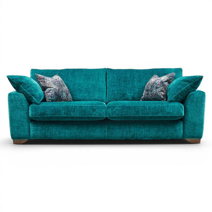 Pieces For Places Milo 3 Seater Sofa in teal fabric with plush seat and back cushions and decorative scatter cushions.