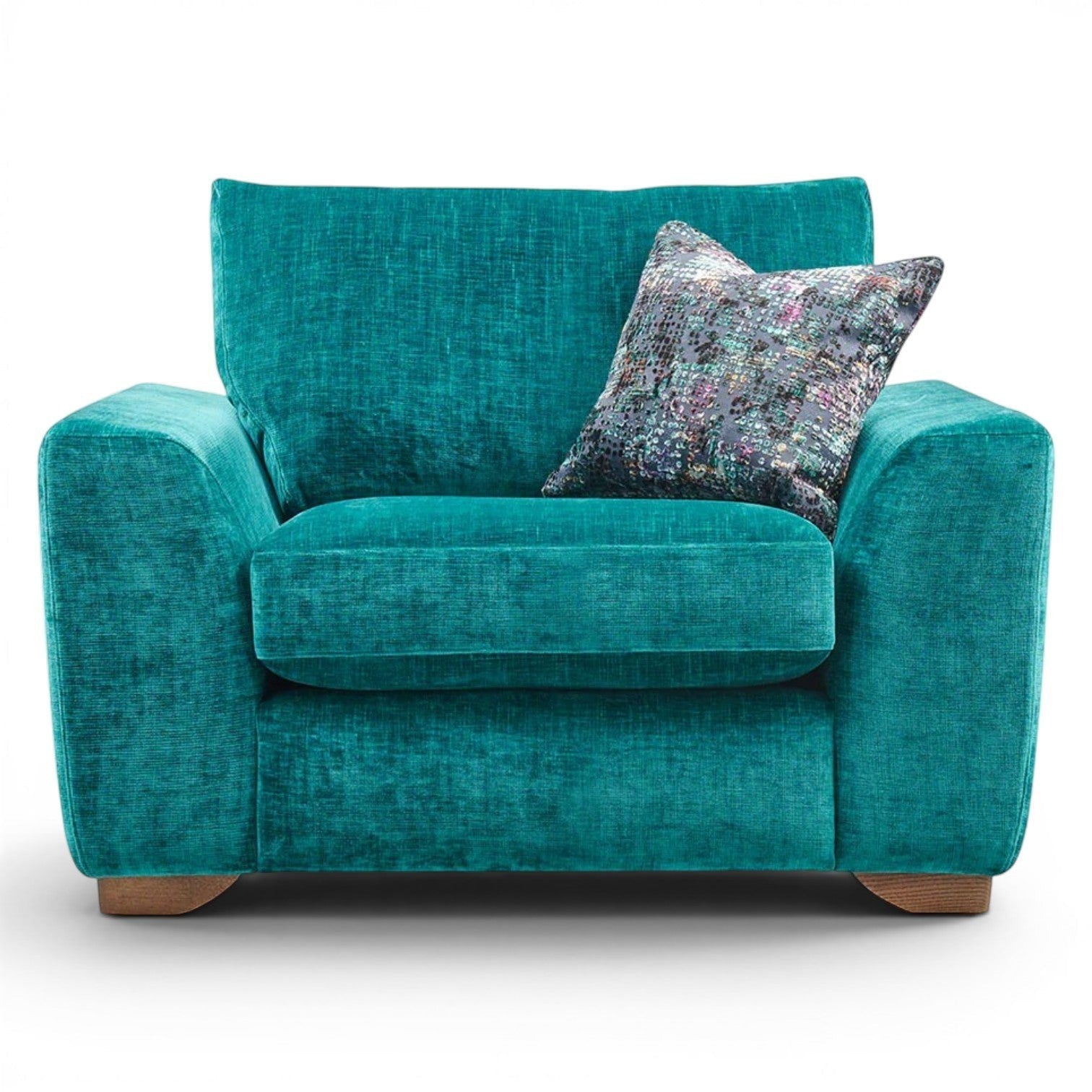 Pieces For Places Milo Armchair in teal textured fabric with a patterned scatter cushion and wooden feet.