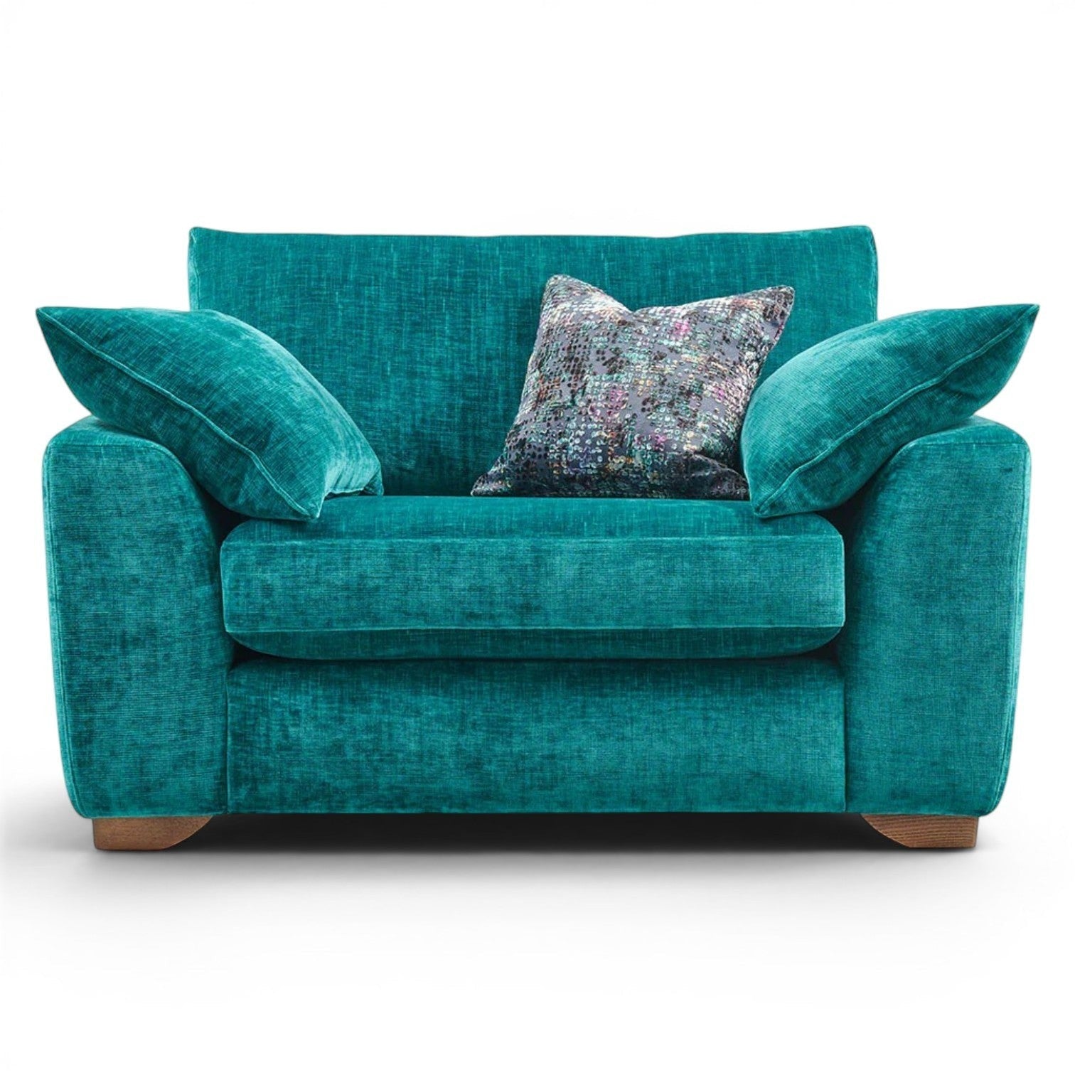 Pieces For Places Milo Cuddler armchair in teal textured fabric with two teal scatter cushions and one decorative cushion.