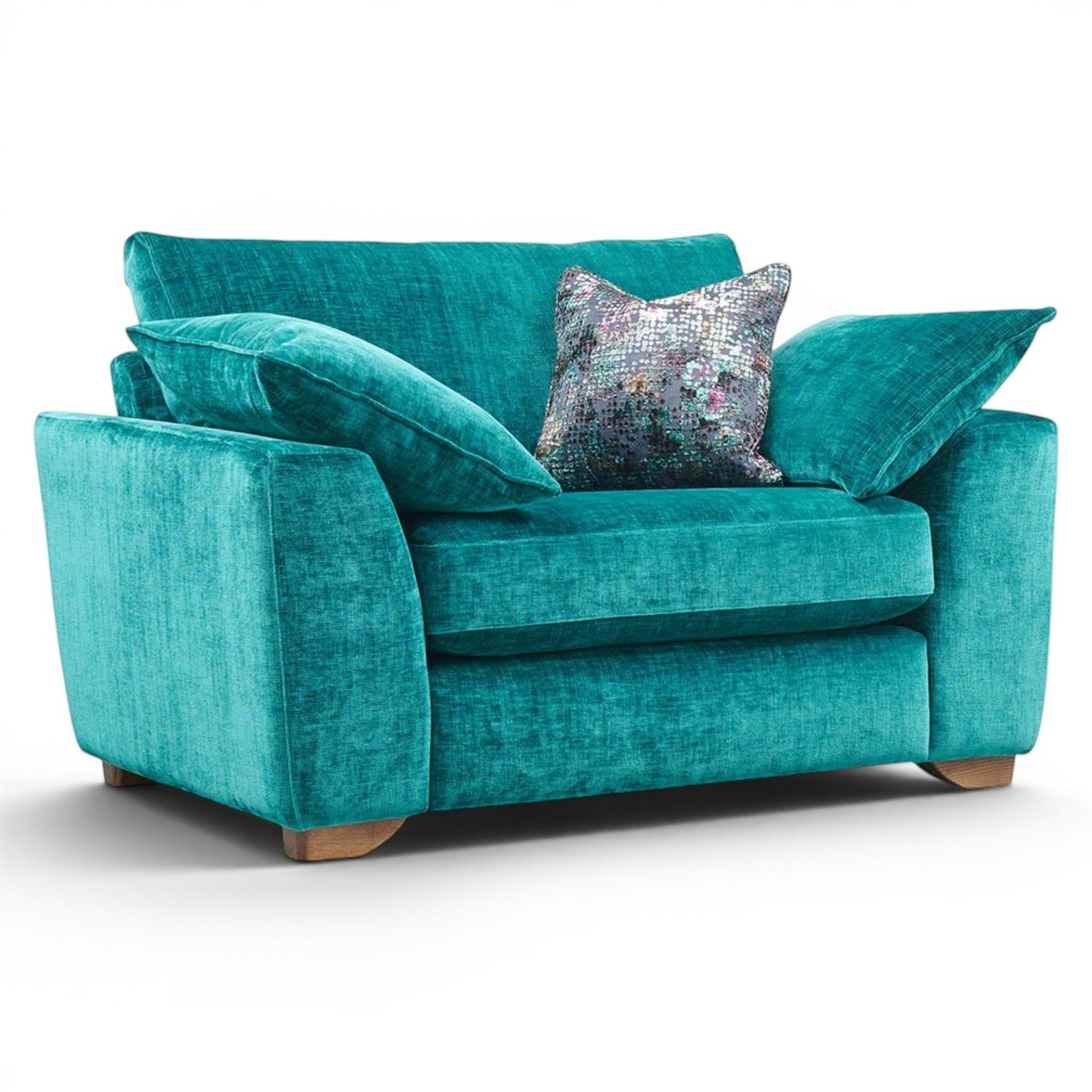 Pieces For Places Milo Cuddler armchair in teal textured fabric with plush seat and back cushions and a decorative scatter cushion.