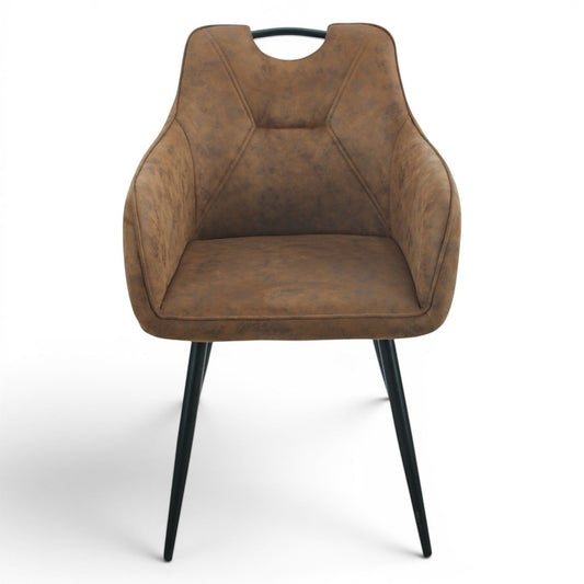 Pieces For Places Monza brown vegan leather dining chair with black steel legs and metal handle.