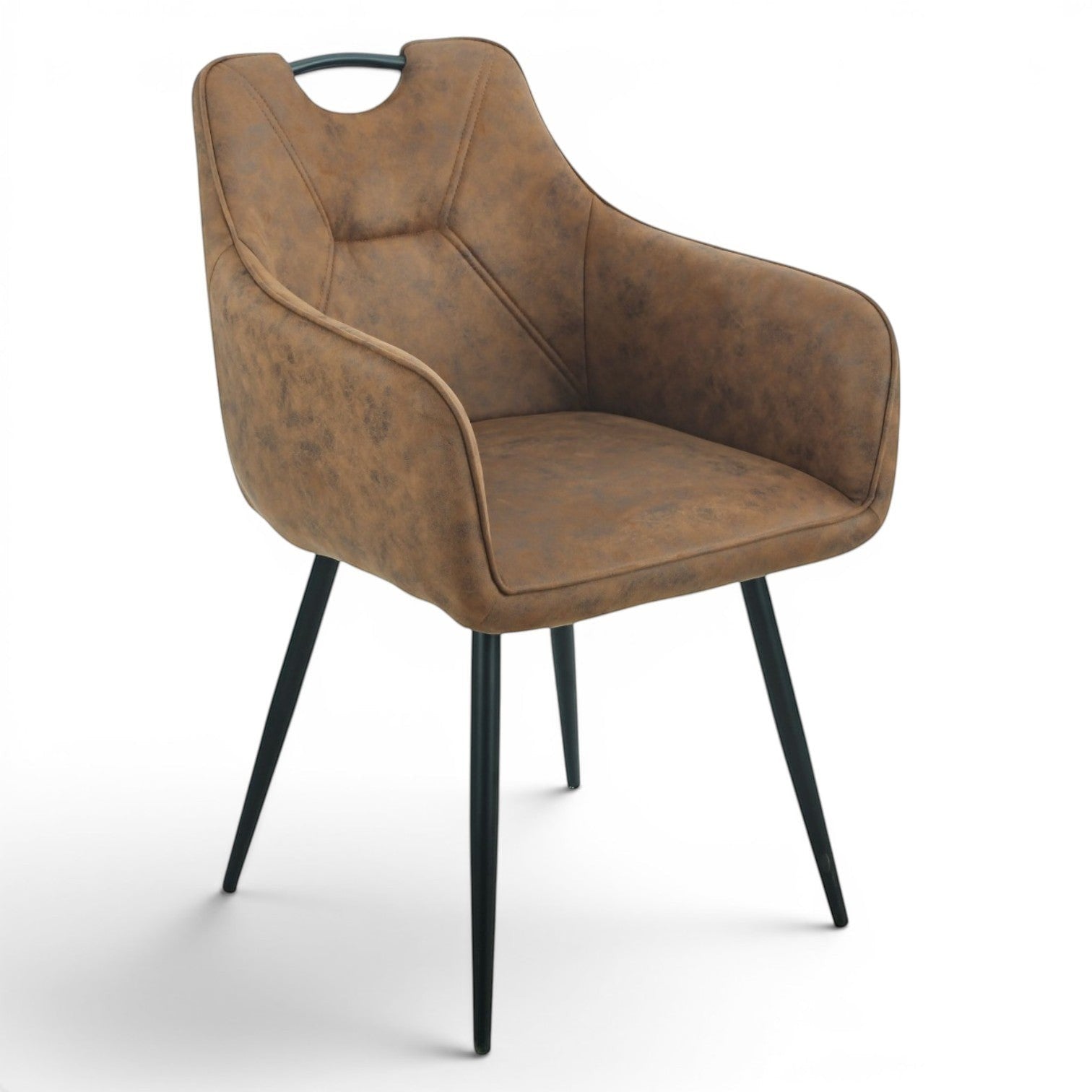 Pieces For Places Monza brown vegan leather dining chair with black steel legs and metal handle detail.