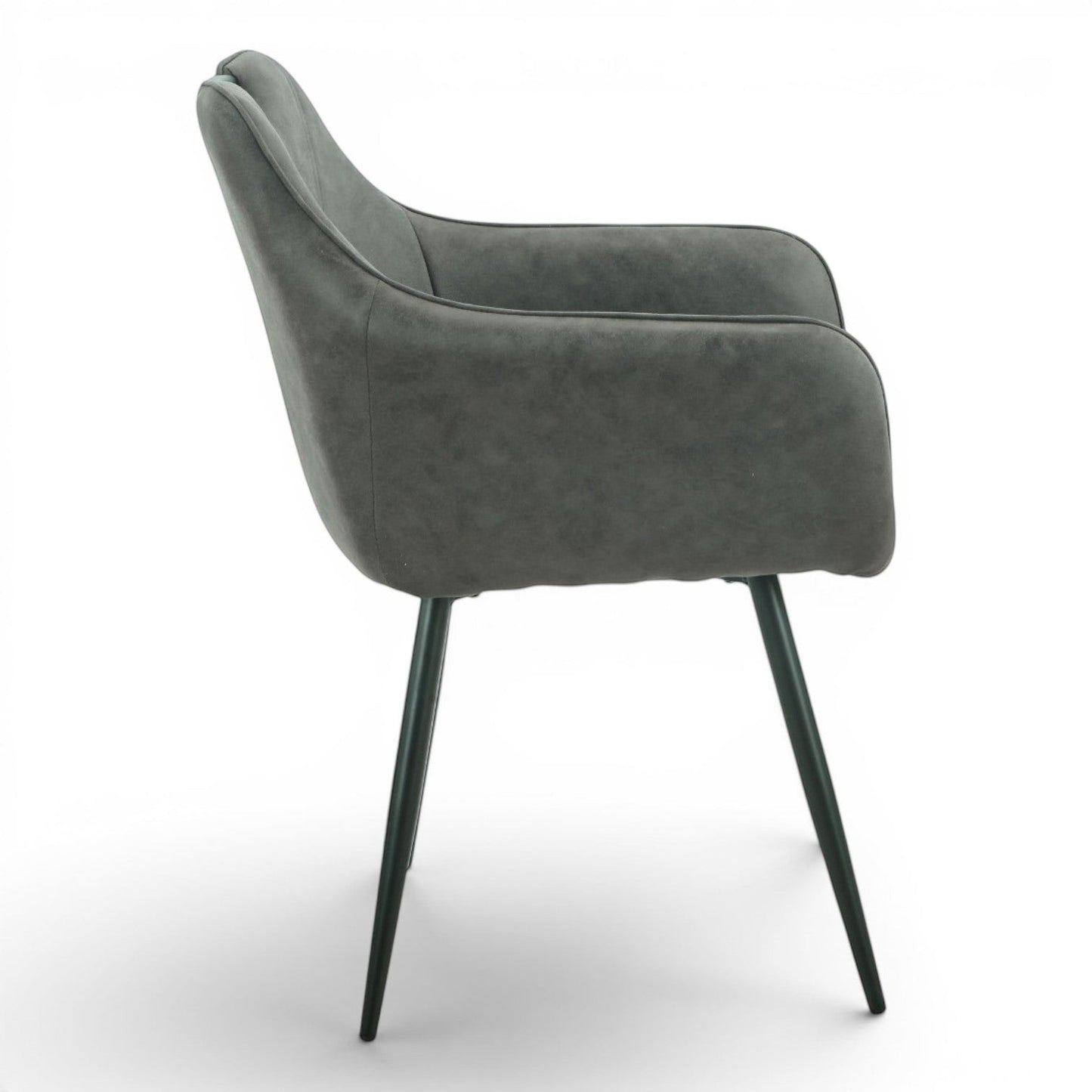 Pieces For Places Monza grey vegan leather dining chair with metal handle and black steel legs.