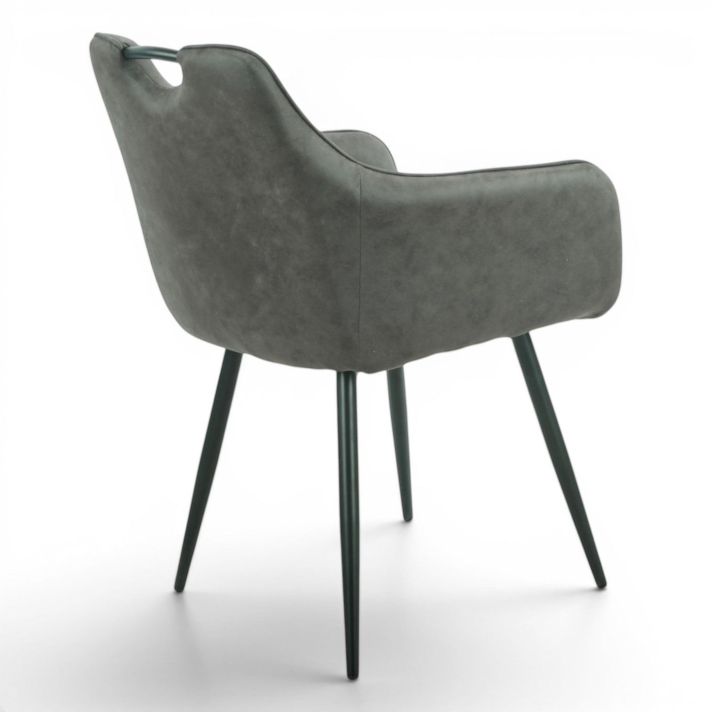 Pieces For Places Monza grey vegan leather dining chair with metal handle and black steel legs, featuring wrap-around armrests.