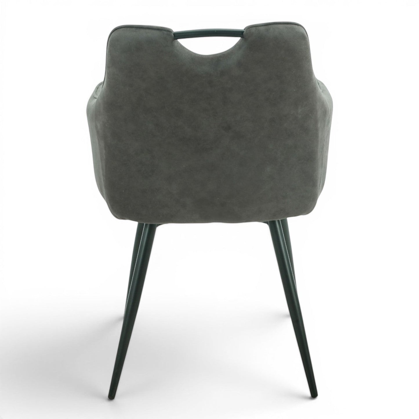 Pieces For Places Monza grey vegan leather dining chair with metal handle and black steel legs.