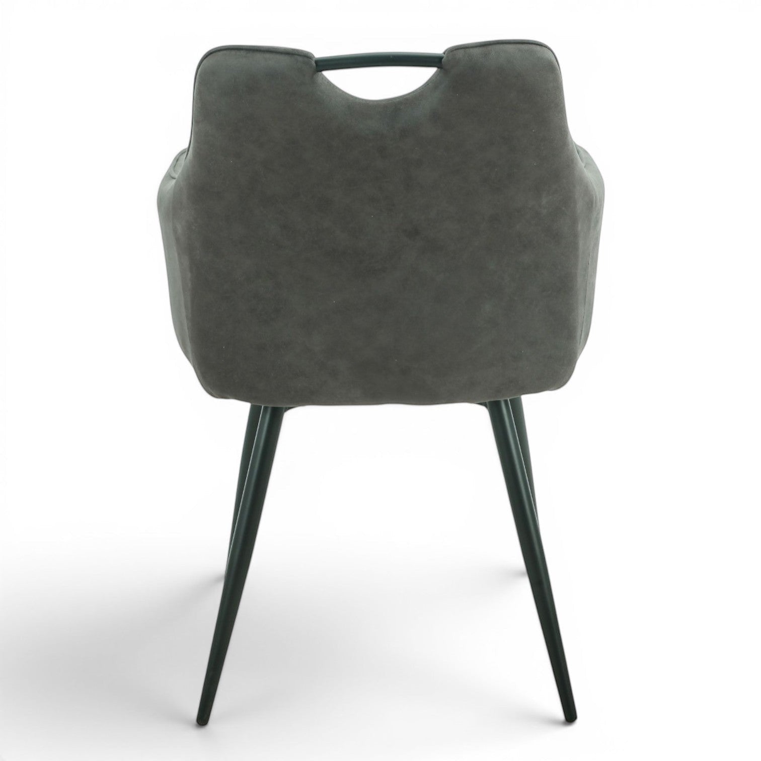 Pieces For Places Monza grey vegan leather dining chair with metal handle and black steel legs.
