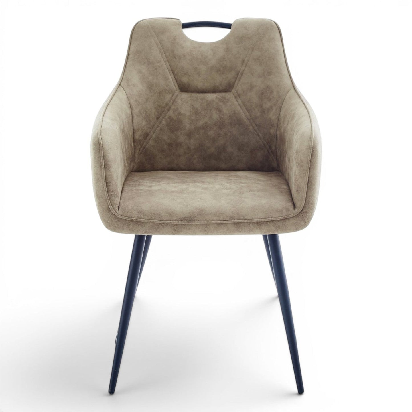 Pieces For Places Monza dining chair in mink vegan leather with black steel legs and a metal handle on the back.