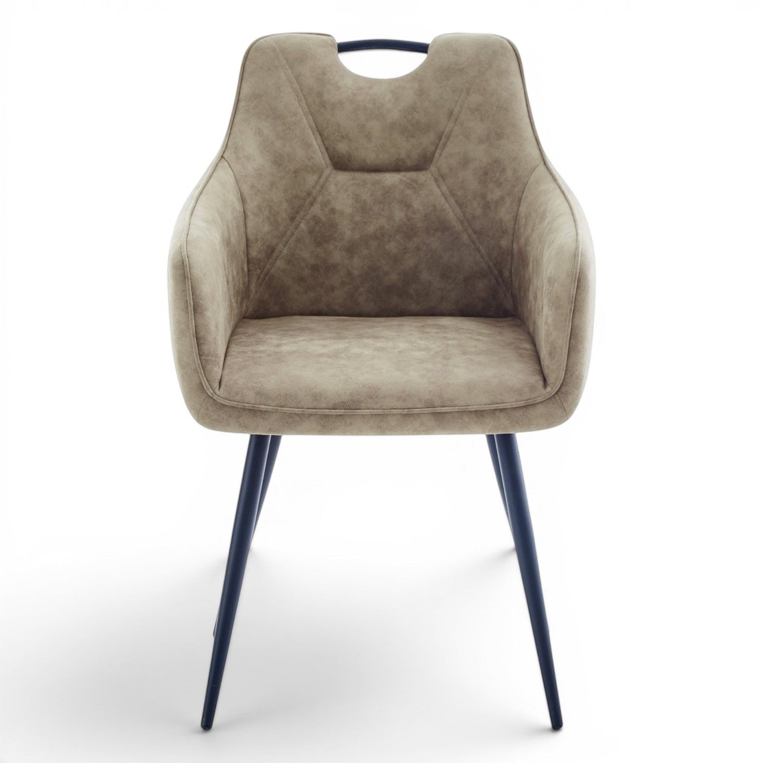 Pieces For Places Monza dining chair in mink vegan leather with black steel legs and a metal handle on the back.