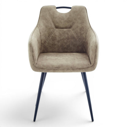 Pieces For Places Monza dining chair in mink vegan leather with black steel legs and a metal handle on the back.
