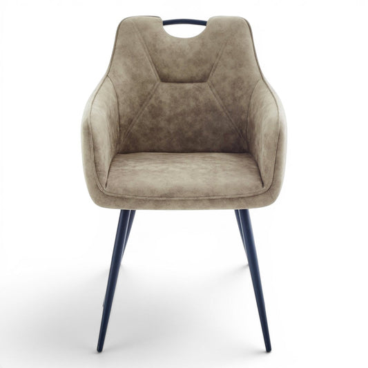 Pieces For Places Monza dining chair in mink vegan leather with black steel legs and a metal handle on the back.