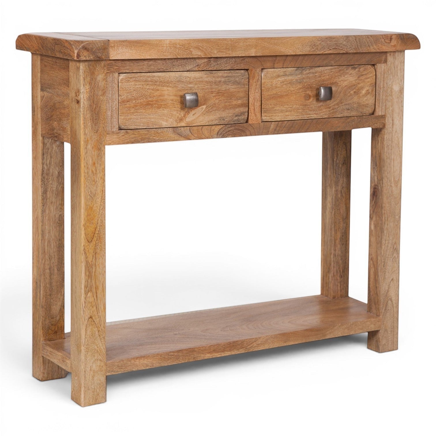 Pieces For Places Olda natural mango wood console table with two drawers, steel knobs, and lower shelf. Rustic farmhouse style.