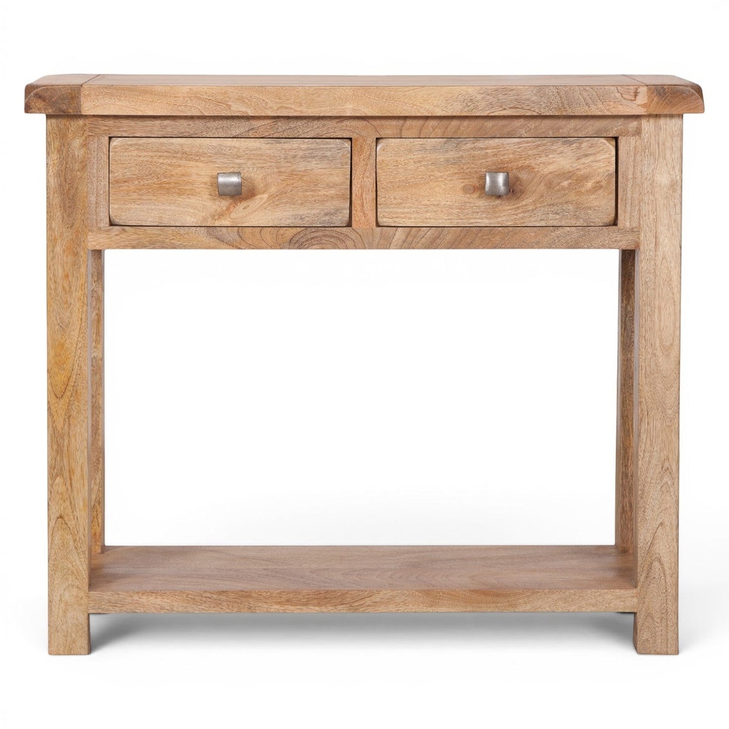 Pieces For Places Olda natural mango wood console table with two drawers and steel knobs, featuring a lower shelf and rustic farmhouse style.