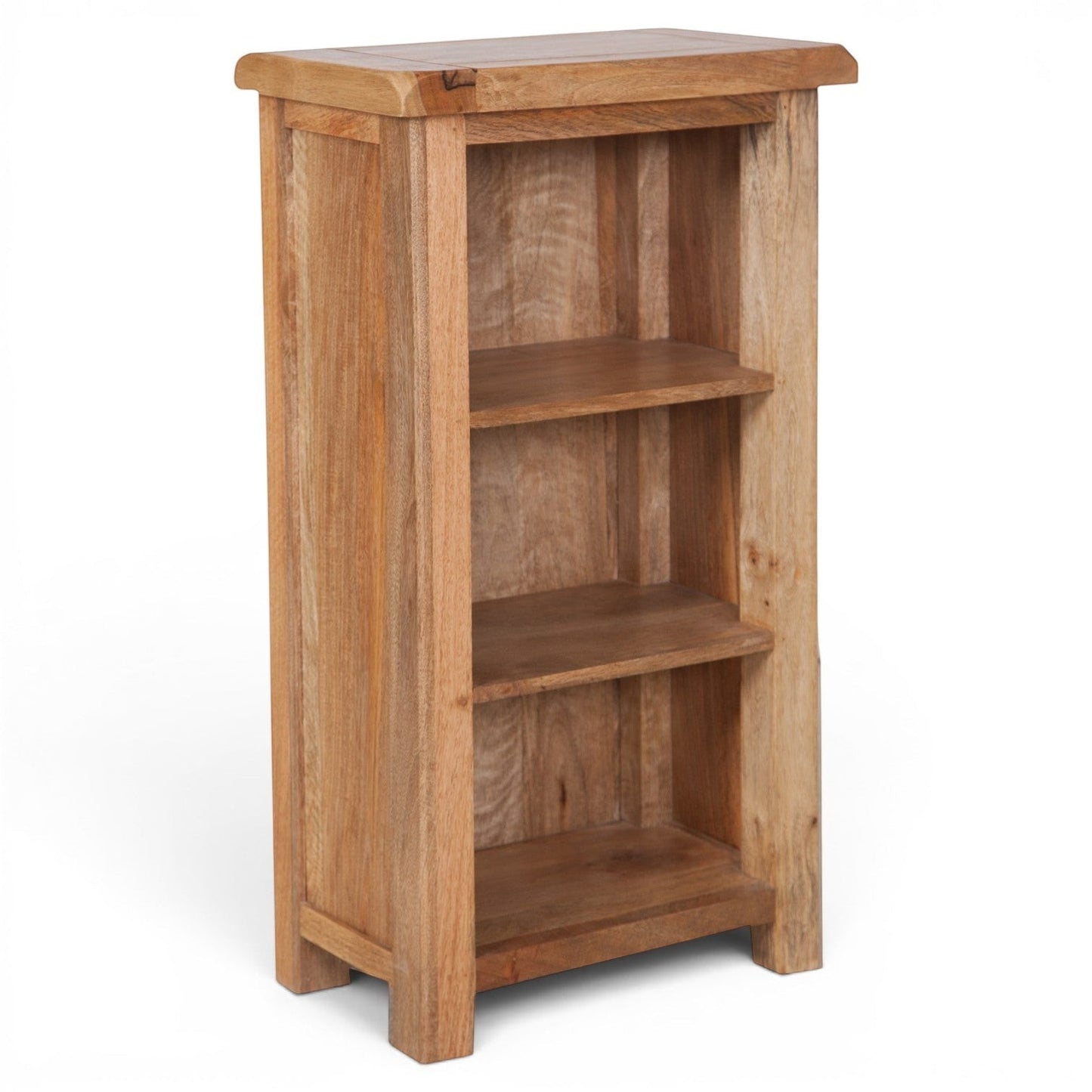 Pieces For Places Olda natural mango wood DVD rack with three open shelves and rounded top corners. Suitable for books or media.