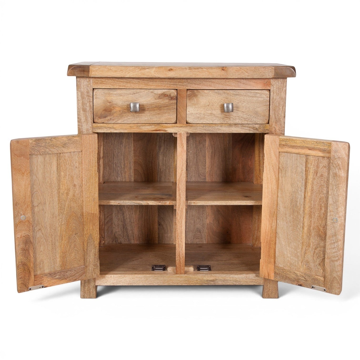 Pieces For Places Olda Hall Cabinet in natural mango wood with two drawers and two cupboard sections, rustic farmhouse style.