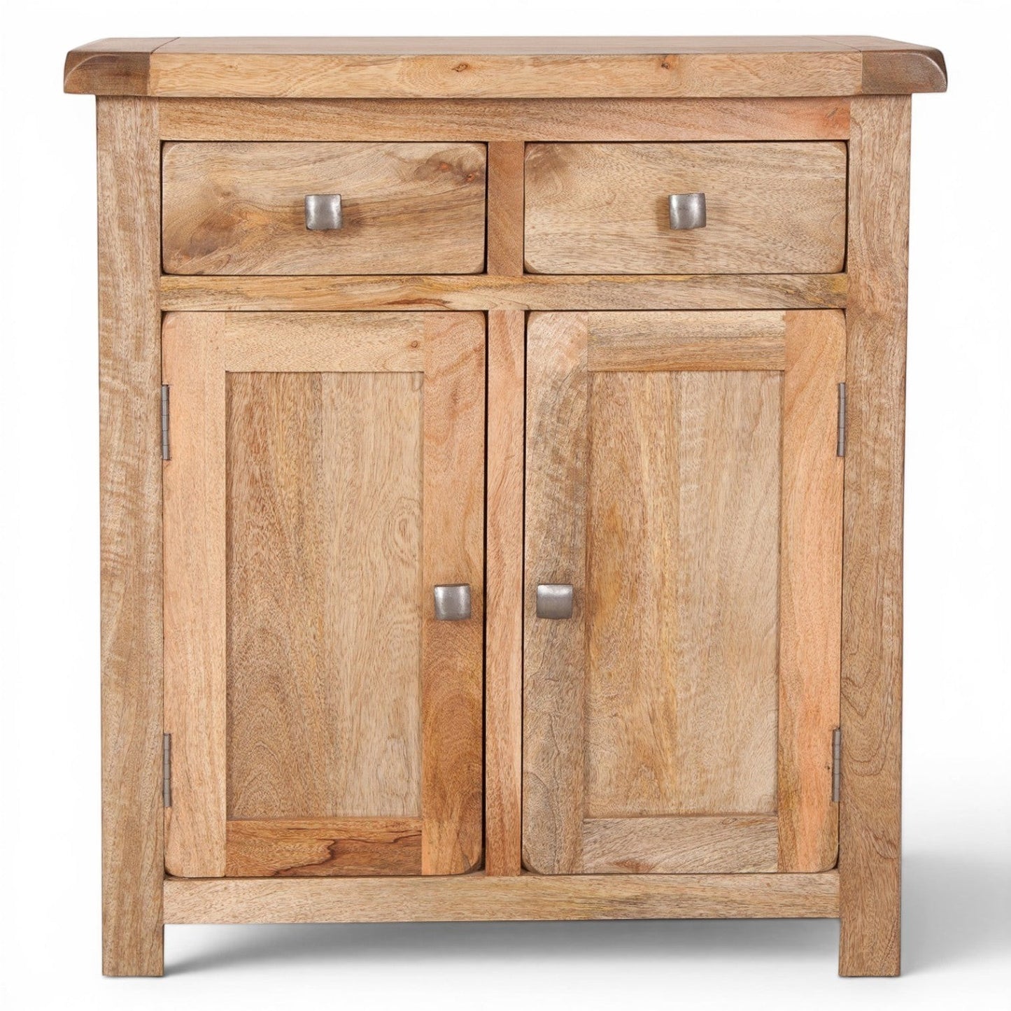 Pieces For Places Olda natural mango wood hall cabinet with two drawers and two doors, featuring steel knobs and visible wood grain.
