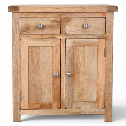 Pieces For Places Olda natural mango wood hall cabinet with two drawers and two doors, featuring steel knobs and visible wood grain.