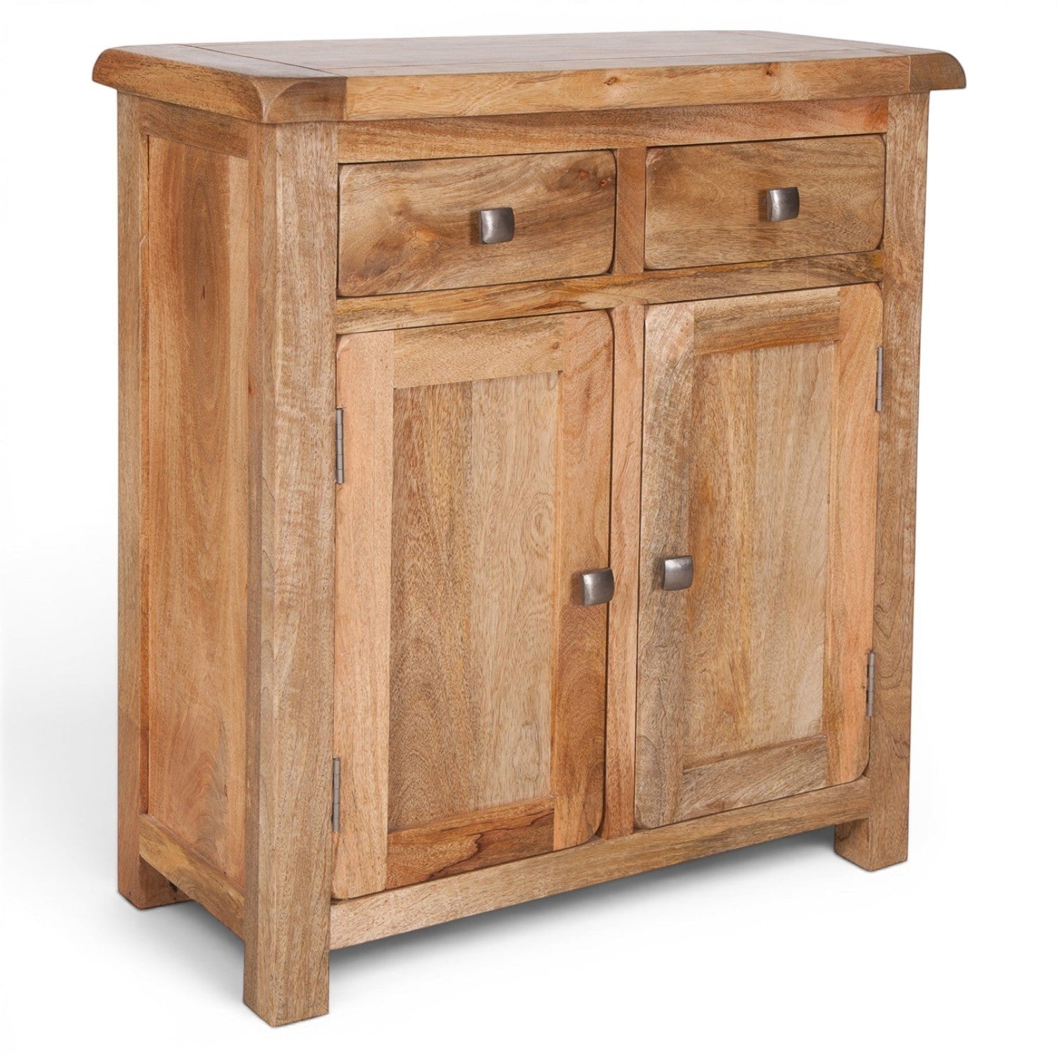 Pieces For Places Olda mango wood hall cabinet with two drawers and two doors, natural finish, rustic farmhouse style.