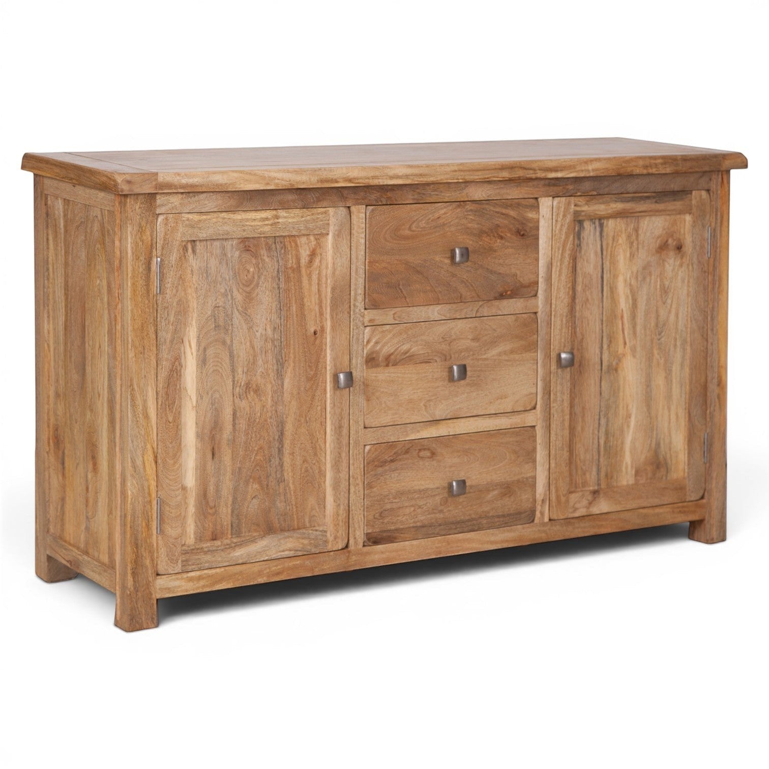Pieces For Places Olda large mango wood sideboard with natural finish, featuring two doors and three drawers with steel knobs.