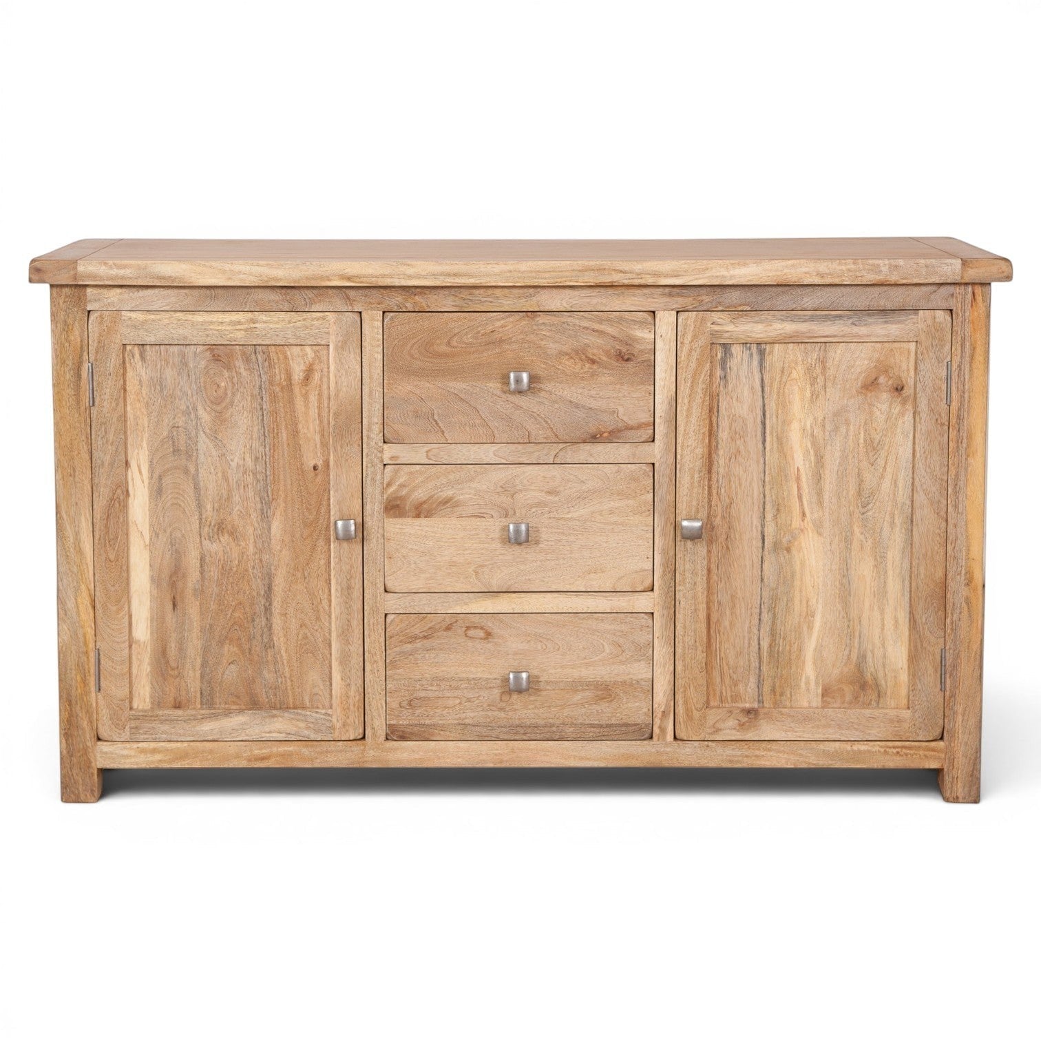 Pieces For Places Olda large mango wood sideboard with natural finish, featuring two doors and three drawers with steel knobs.