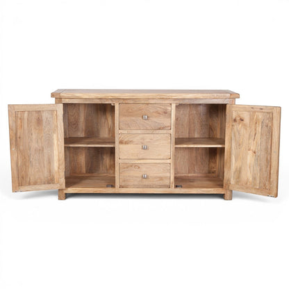 Pieces For Places Olda large mango wood sideboard with natural finish, featuring two doors, three drawers, and visible wood grain.