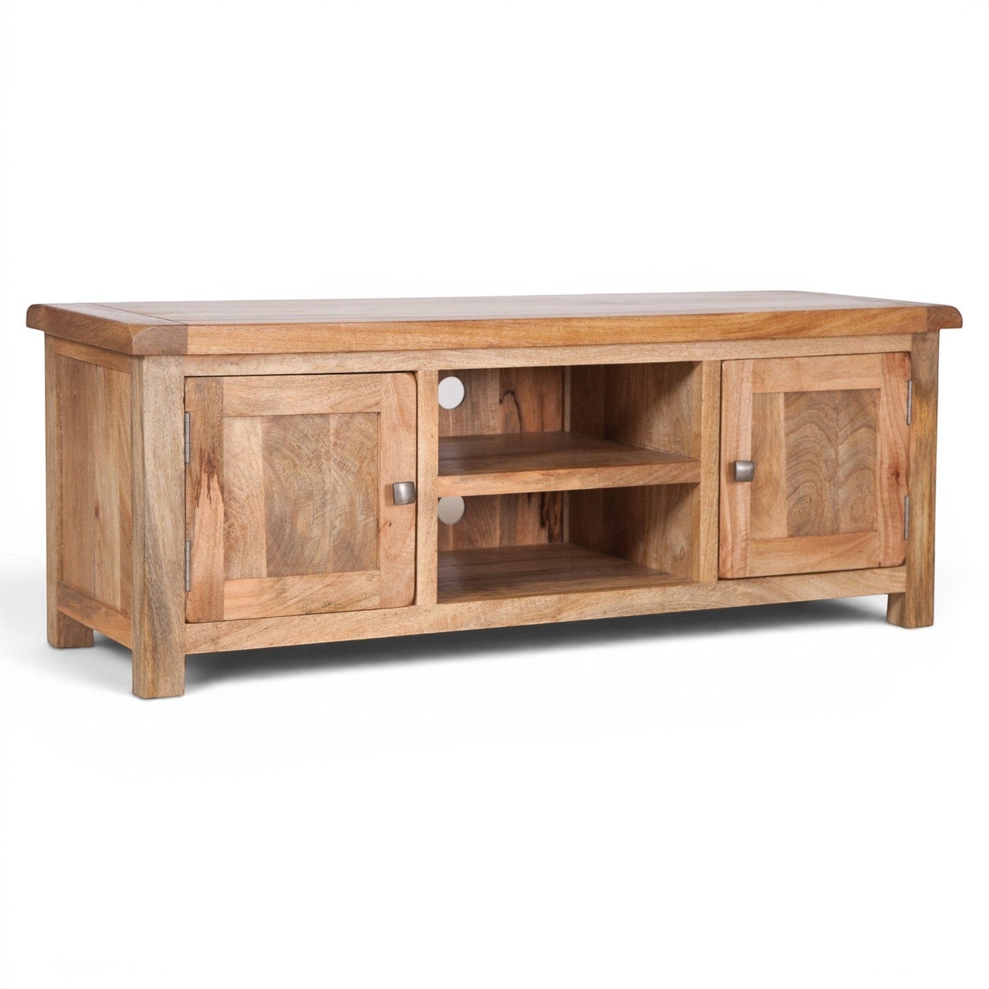 Pieces For Places Olda large TV unit in natural mango wood with two side cupboards, two open shelves, and steel knobs.