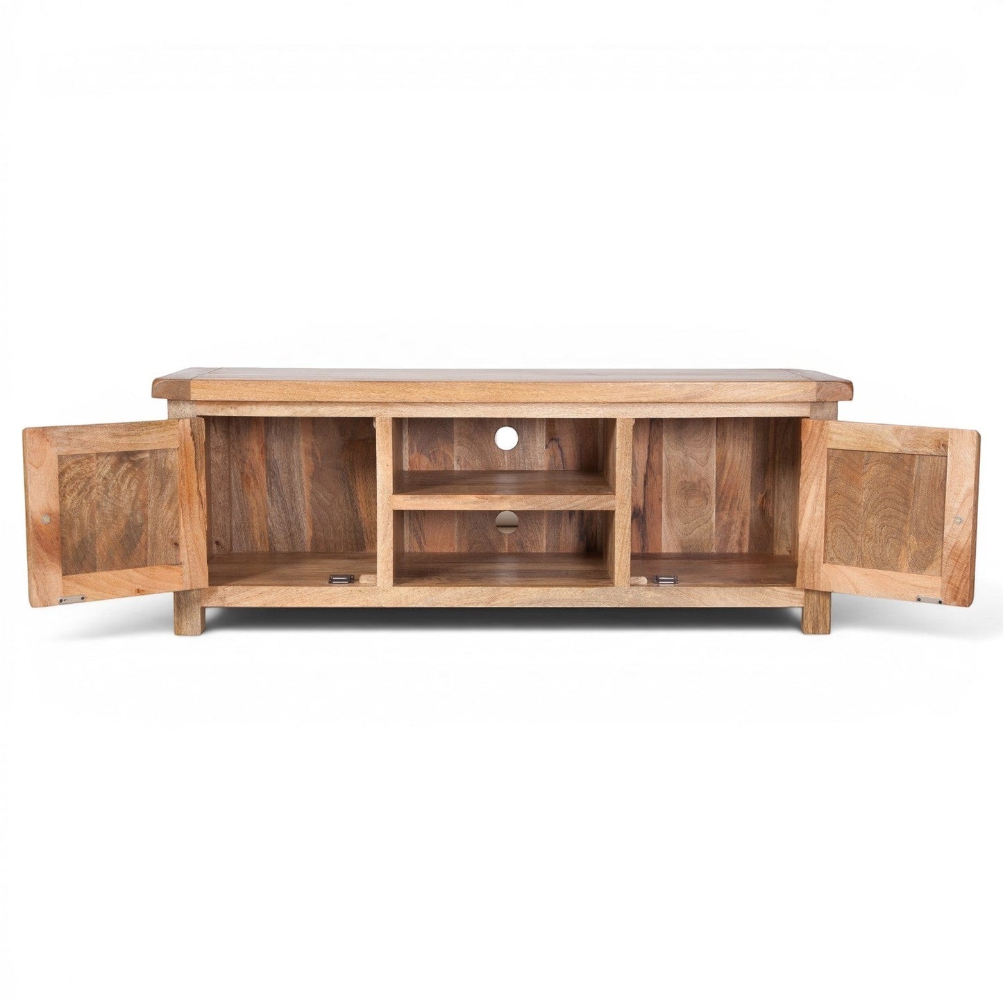 Pieces For Places Olda large natural mango wood TV unit with two side cupboards and open shelving. Features rounded corners and steel knobs.