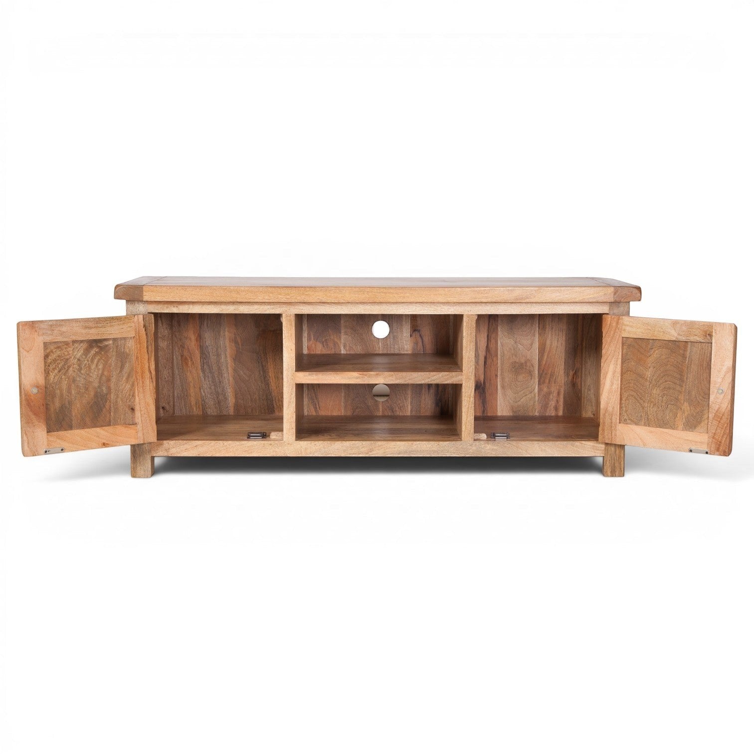 Pieces For Places Olda large natural mango wood TV unit with two side cupboards and open shelving. Features rounded corners and steel knobs.