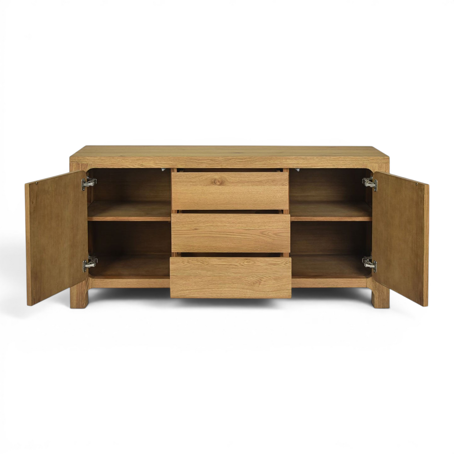 Pieces For Places Wyatt reclaimed oak wide sideboard with open cabinet doors and three central storage drawers.