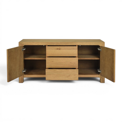 Pieces For Places Wyatt reclaimed oak wide sideboard with open cabinet doors and three central storage drawers.