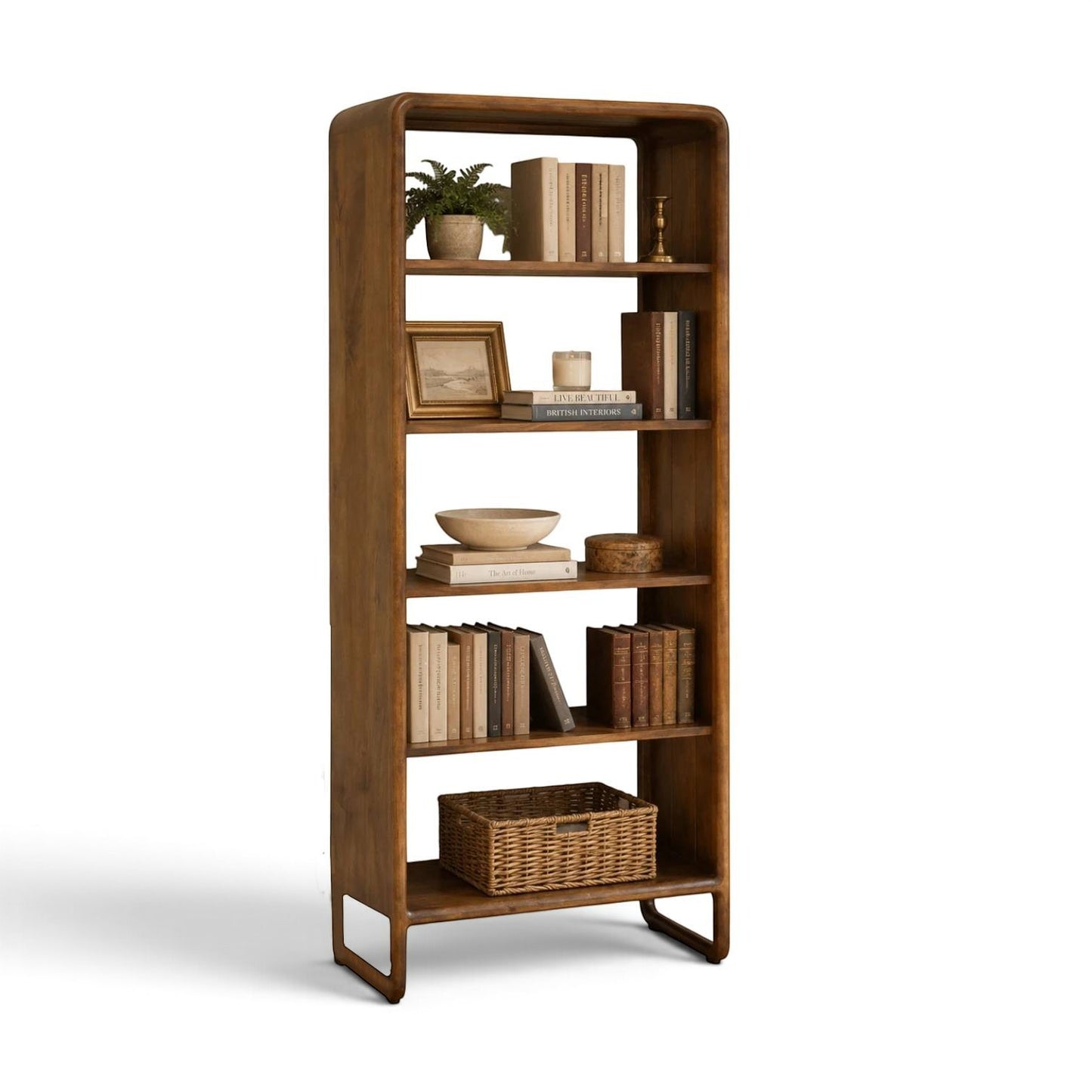 Pieces For Places Saturn mango wood 5-shelf bookcase with rounded corners and rich natural wood grain.