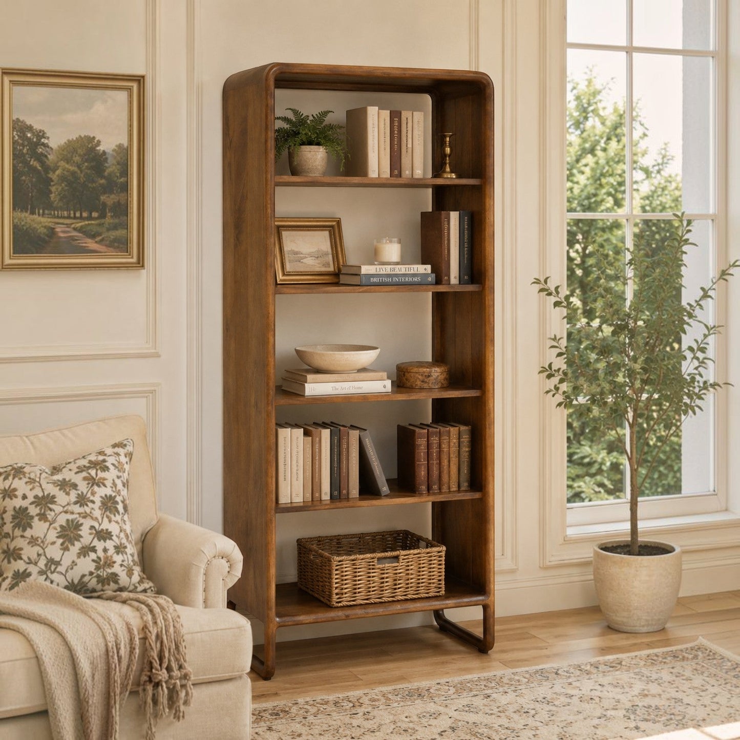 Pieces For Places Saturn mango wood bookcase with five shelves and rounded corners, styled in a bright living room.