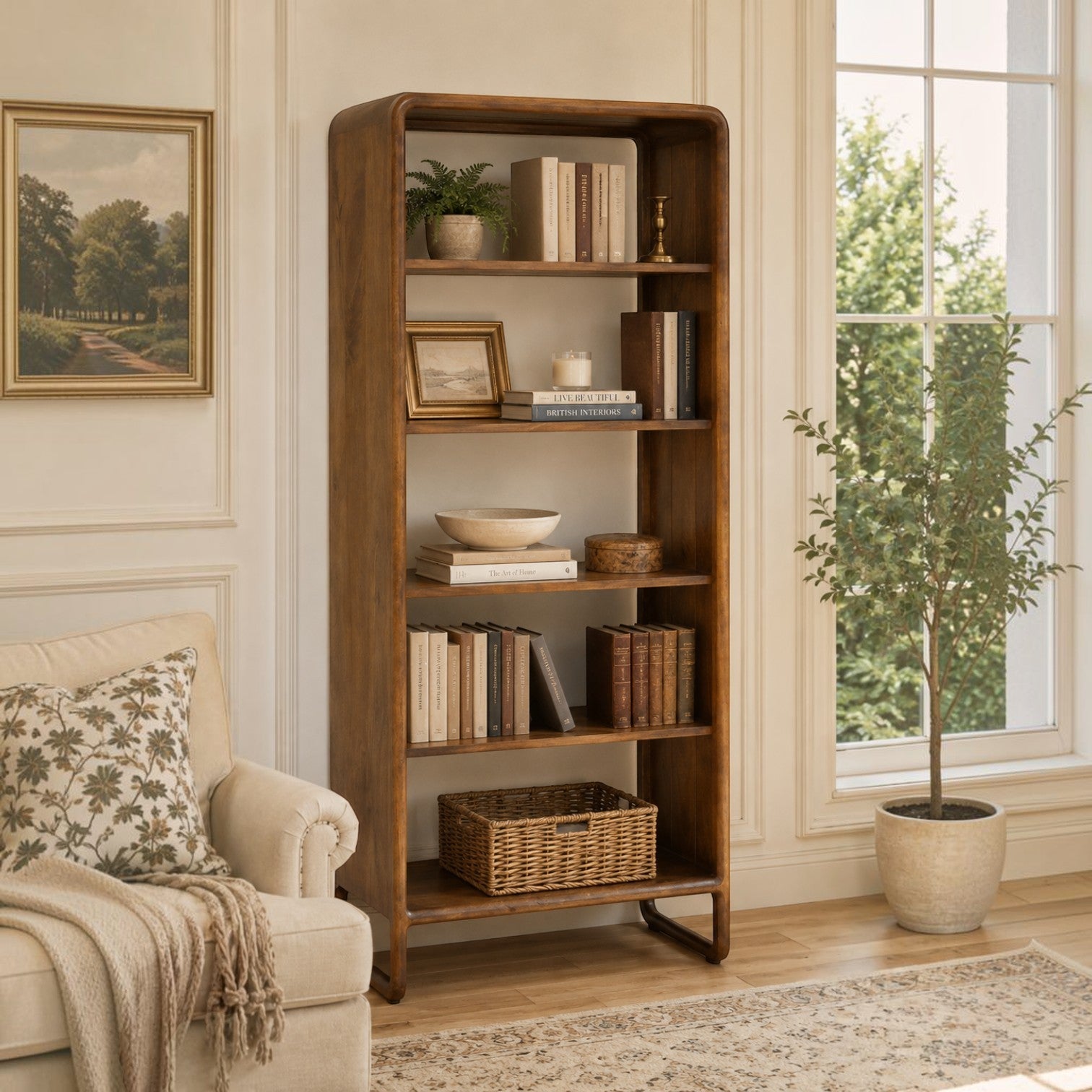 Pieces For Places Saturn mango wood bookcase with five shelves and rounded corners, styled in a bright living room.