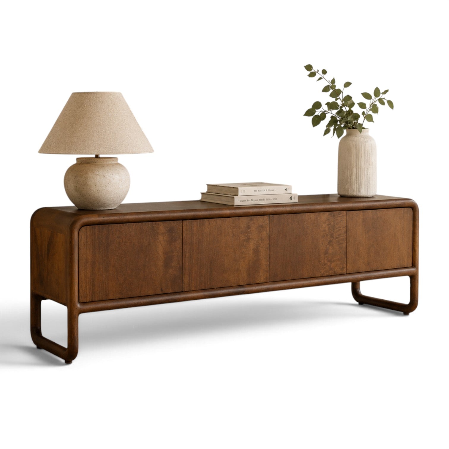 Pieces For Places Saturn mango wood 4 door media unit with curved edges and a warm natural grain finish