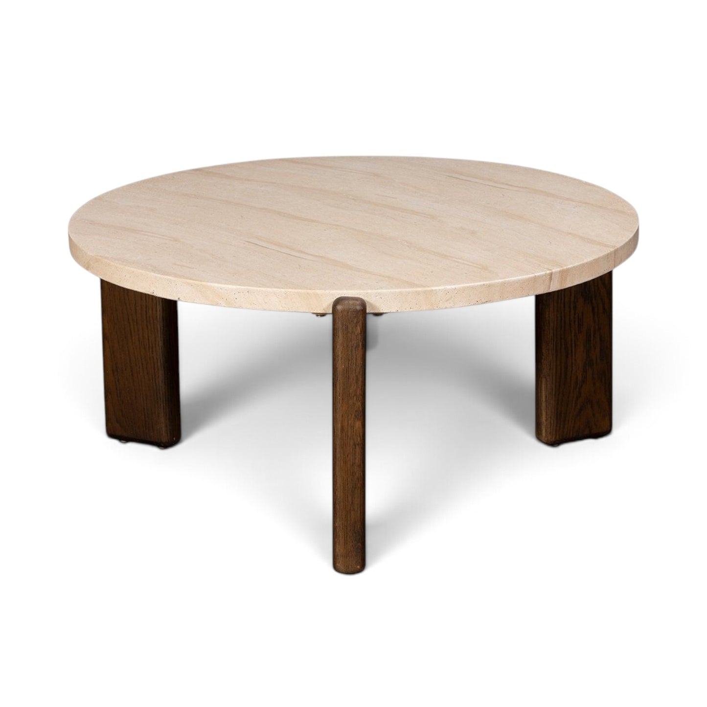 Pieces For Places Ida round coffee table with a beige travertine finish concrete top and solid oak legs.