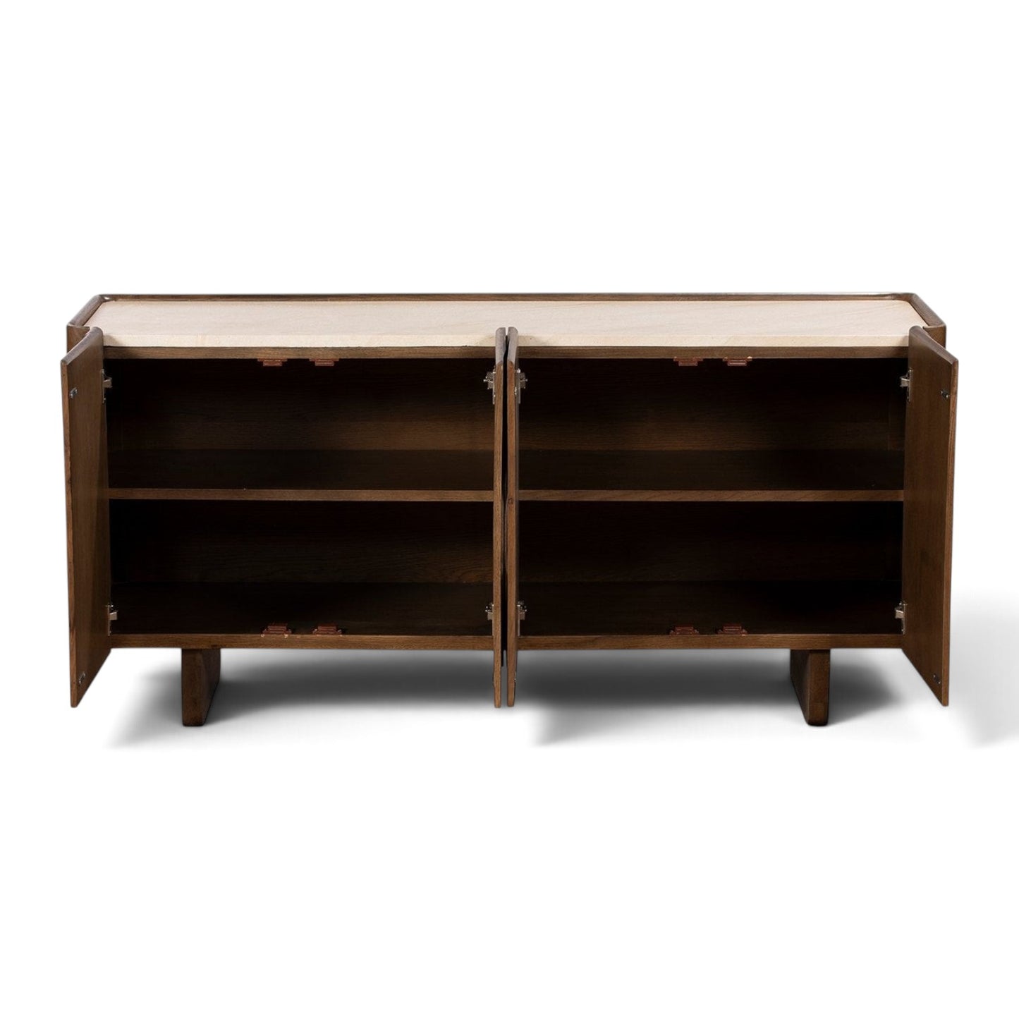 Pieces For Places Ida wide sideboard in walnut finish with open doors and a travertine effect concrete top