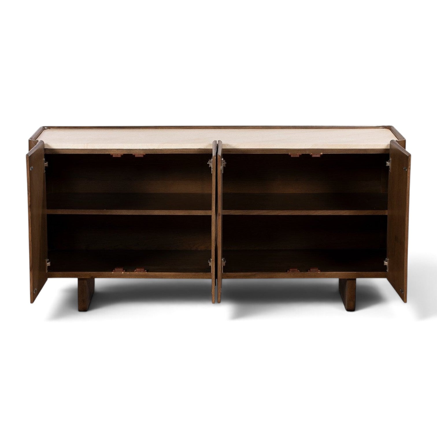 Pieces For Places Ida wide sideboard in walnut finish with open doors and a travertine effect concrete top
