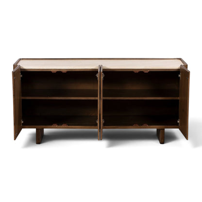 Pieces For Places Ida wide sideboard in walnut finish with open doors and a travertine effect concrete top