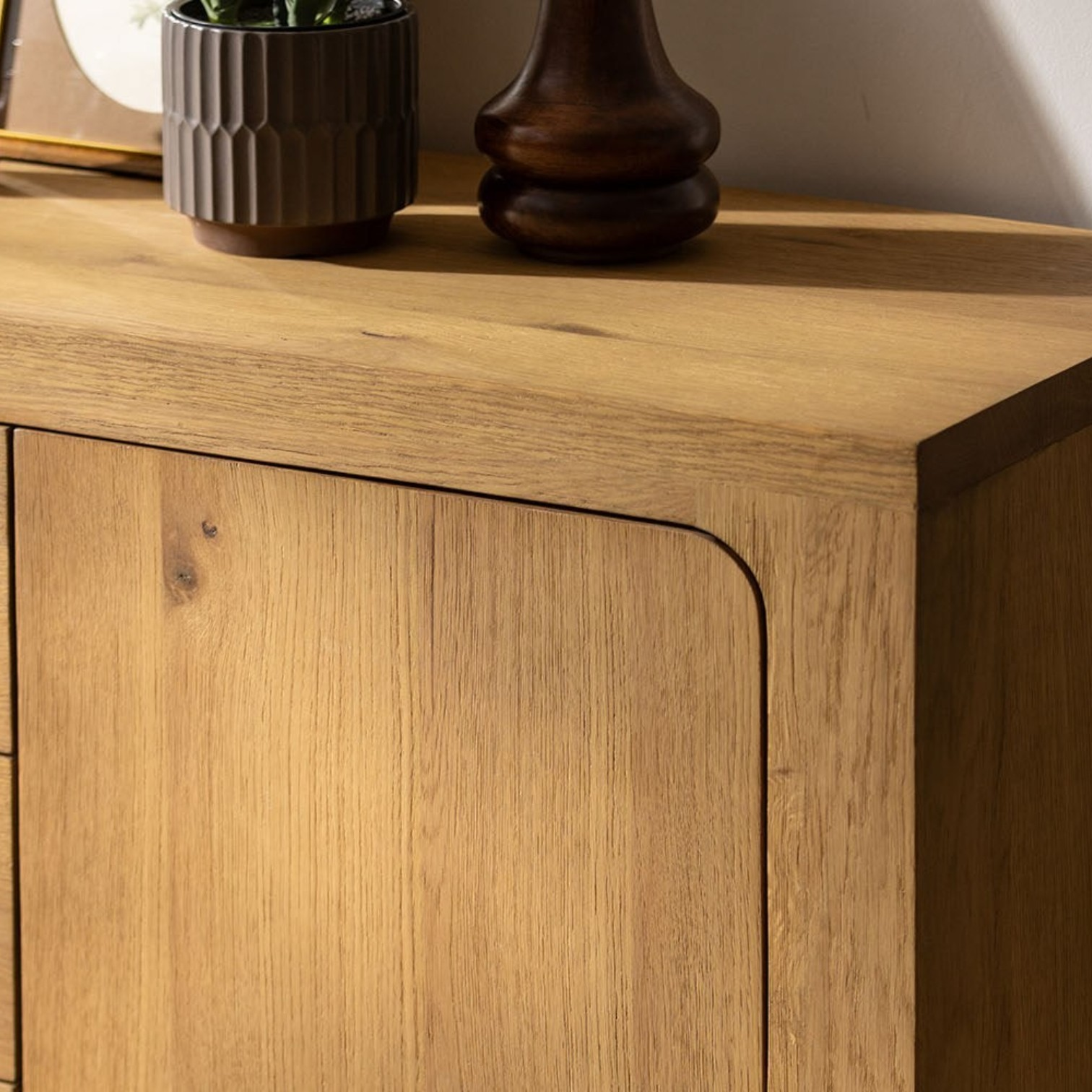 Pieces For Places Wyatt reclaimed oak sideboard with natural wood grain and contemporary rounded corner detail