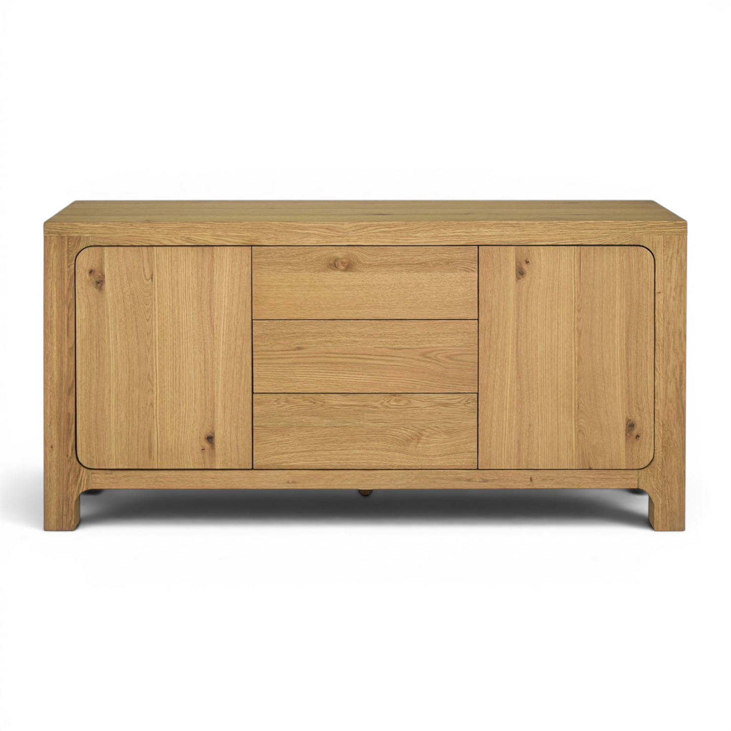 Pieces For Places Wyatt wide sideboard in reclaimed oak veneer with two cupboards and three central drawers.