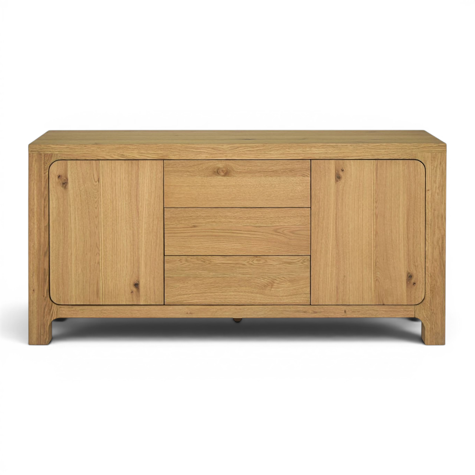 Pieces For Places Wyatt wide sideboard in reclaimed oak veneer with two cupboards and three central drawers.